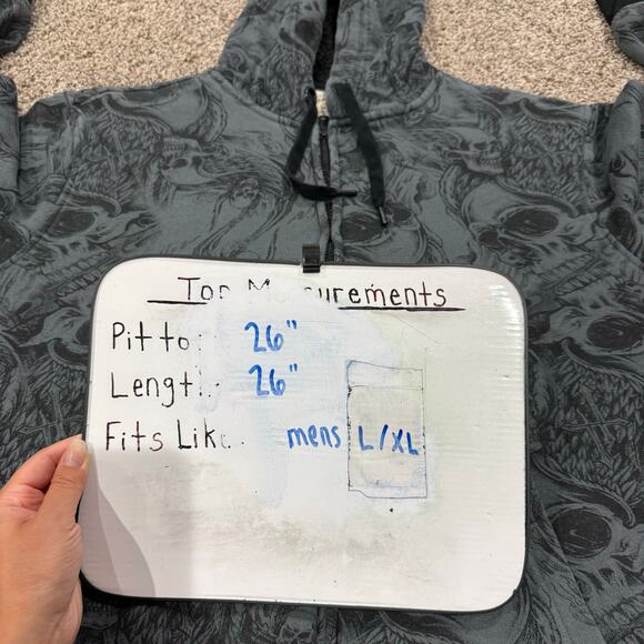 VTG y2k Men's Faded Glory Sherpa Lined Skulls AOP Graphic Hoodie Sweatshirt Sz L - Picture 5 of 5